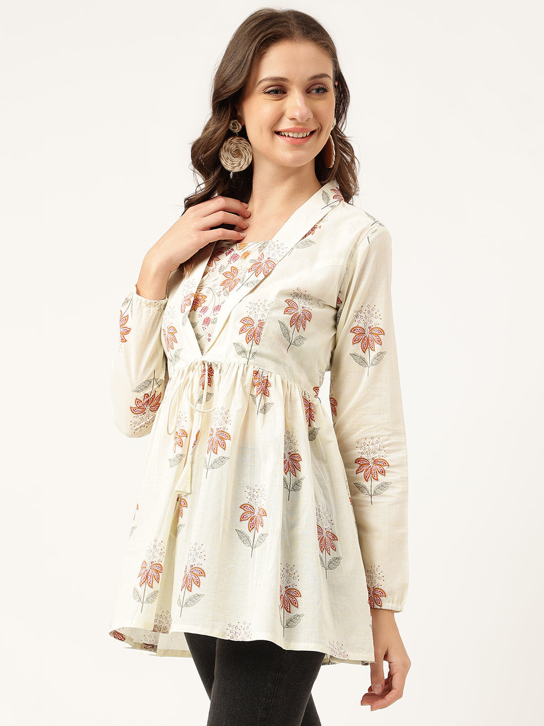 Floral Printed Cream Empire Cotton Tops | LASVINI - Redefining Indian Fashion with Elegance