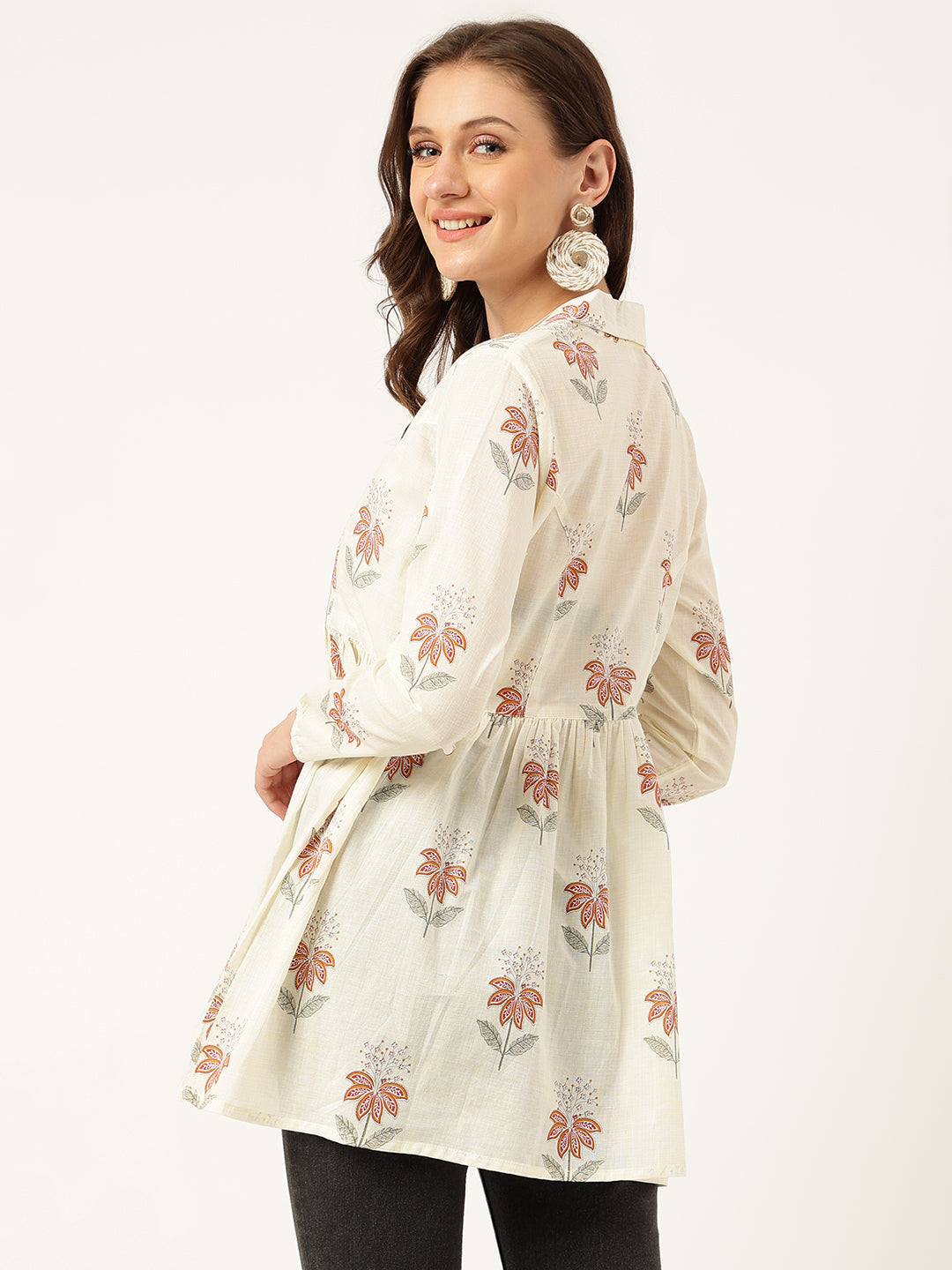 Floral Printed Cream Empire Cotton Tops | LASVINI - Redefining Indian Fashion with Elegance