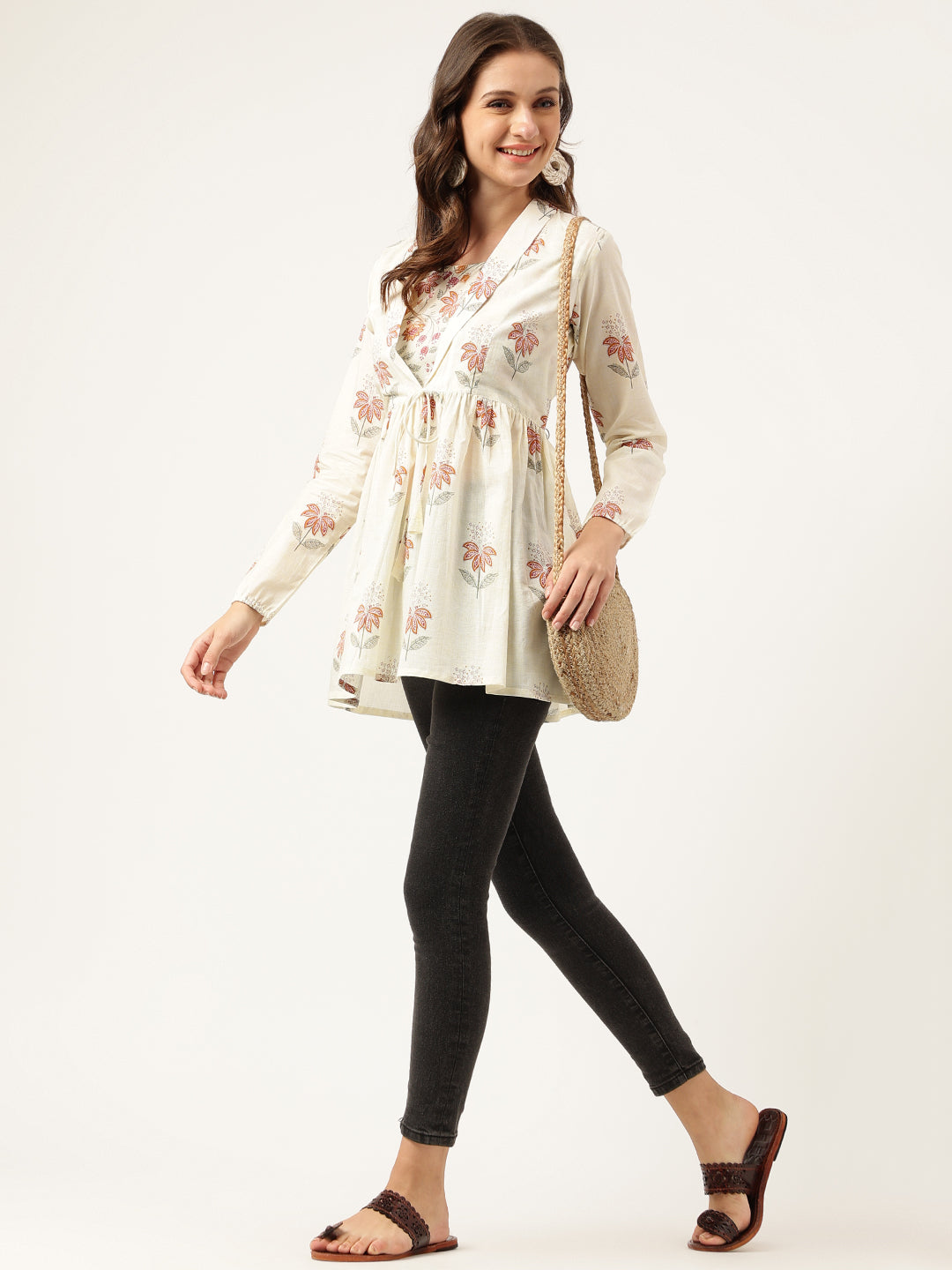Floral Printed Cream Empire Cotton Tops | LASVINI - Redefining Indian Fashion with Elegance
