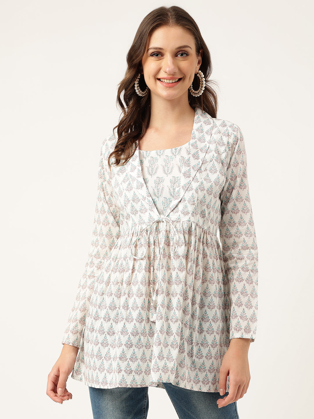 White & Blue Floral Printed Empire Cotton Tops | LASVINI - Redefining Indian Fashion with Elegance