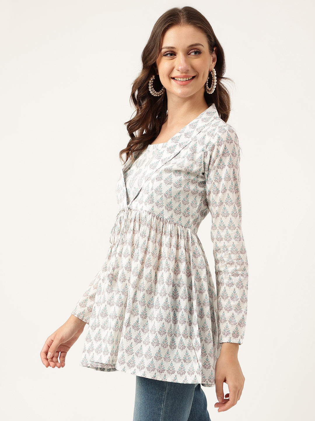 White & Blue Floral Printed Empire Cotton Tops | LASVINI - Redefining Indian Fashion with Elegance