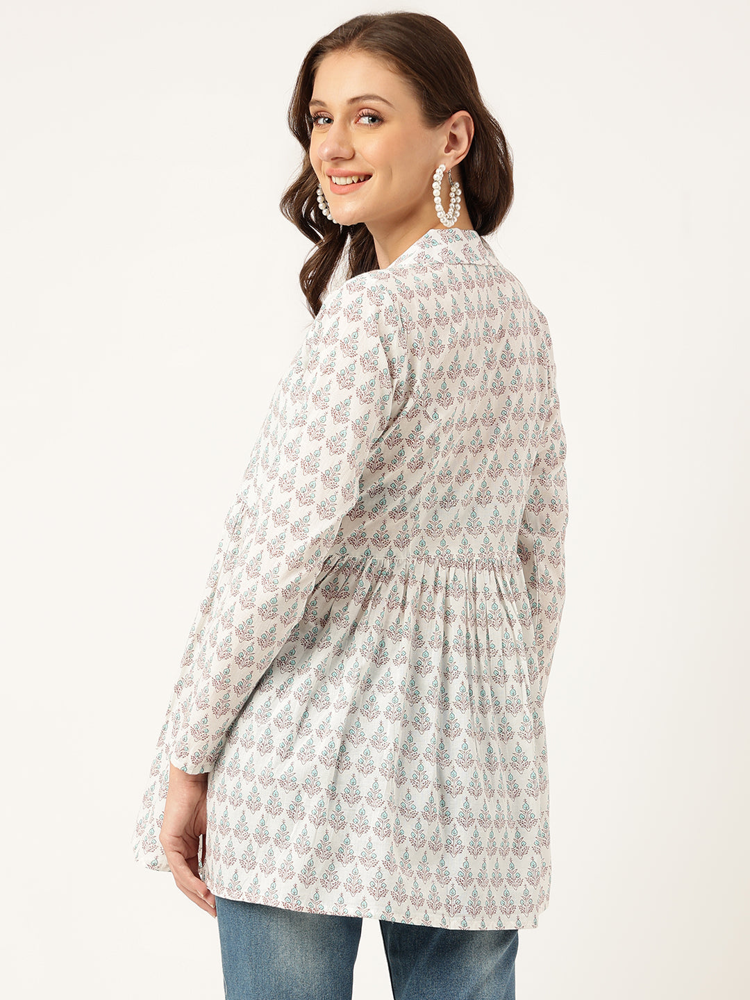 White & Blue Floral Printed Empire Cotton Tops | LASVINI - Redefining Indian Fashion with Elegance