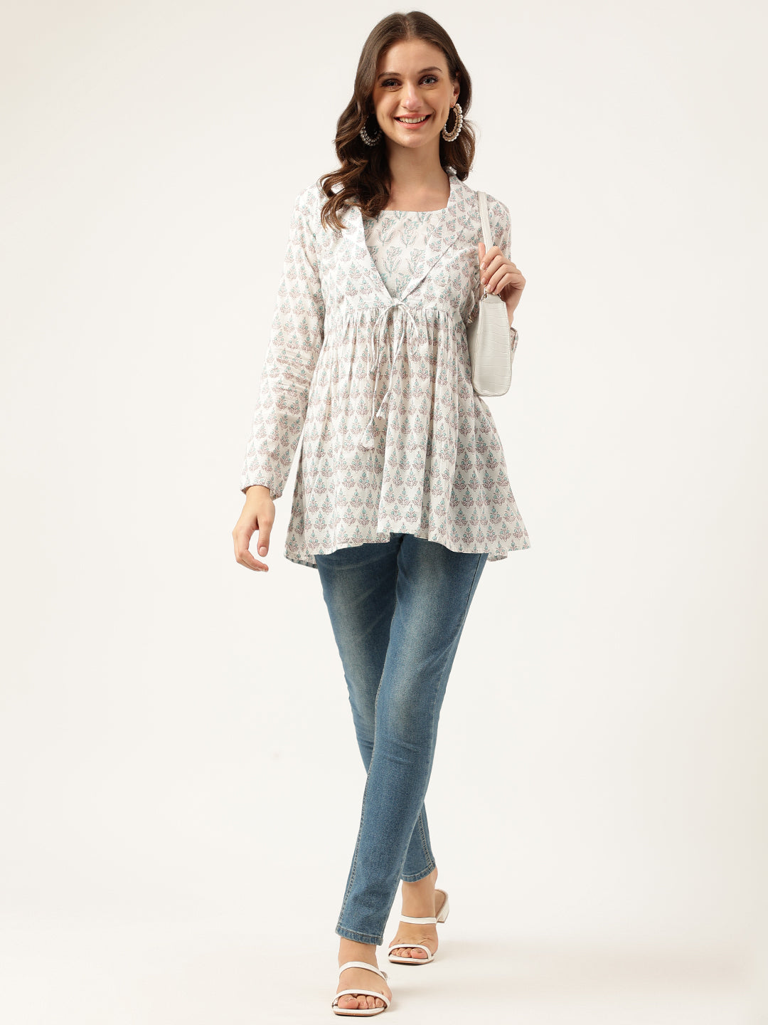 White & Blue Floral Printed Empire Cotton Tops | LASVINI - Redefining Indian Fashion with Elegance