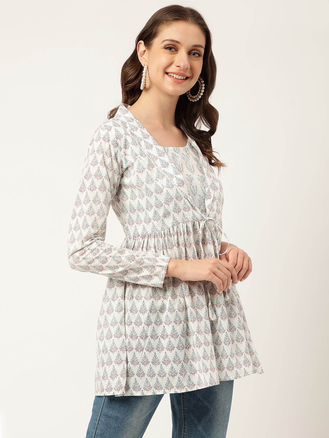 White & Blue Floral Printed Empire Cotton Tops | LASVINI - Redefining Indian Fashion with Elegance