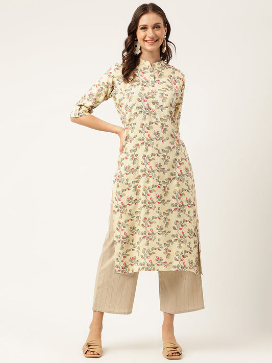 Beige Floral Digital Printed Straight Fold Sleeve Kurta | LASVINI - Redefining Indian Fashion with Elegance