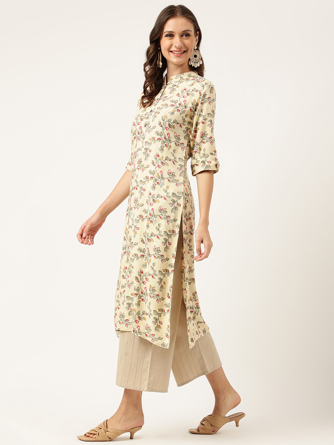 Beige Floral Digital Printed Straight Fold Sleeve Kurta | LASVINI - Redefining Indian Fashion with Elegance