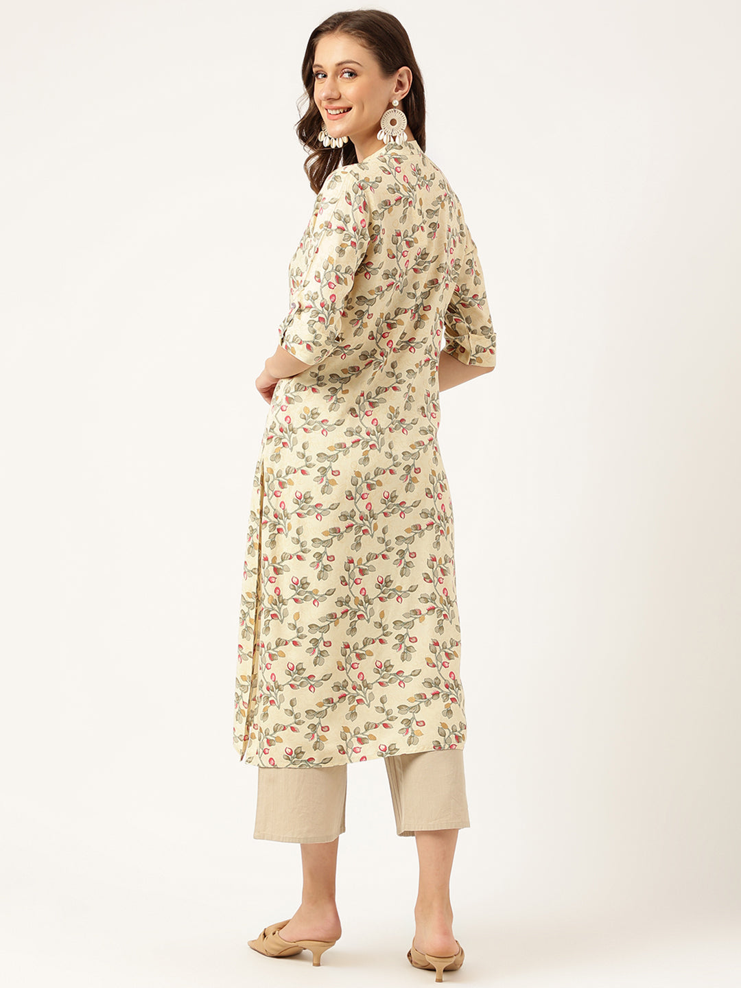 Beige Floral Digital Printed Straight Fold Sleeve Kurta | LASVINI - Redefining Indian Fashion with Elegance