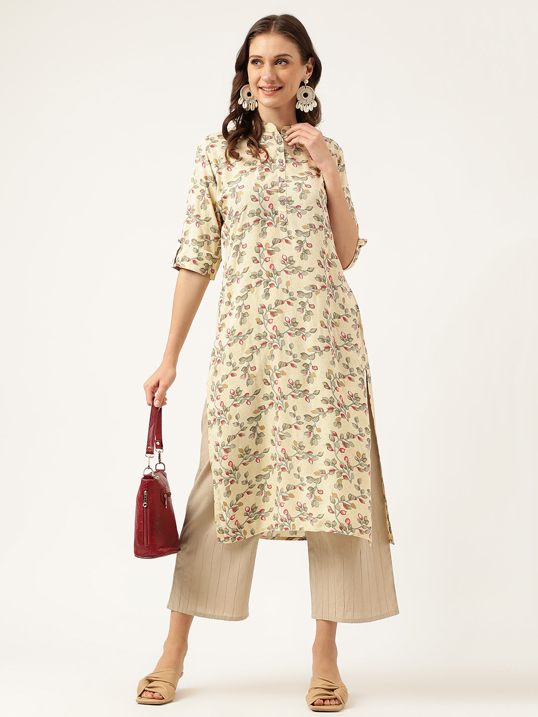 Beige Floral Digital Printed Straight Fold Sleeve Kurta | LASVINI - Redefining Indian Fashion with Elegance