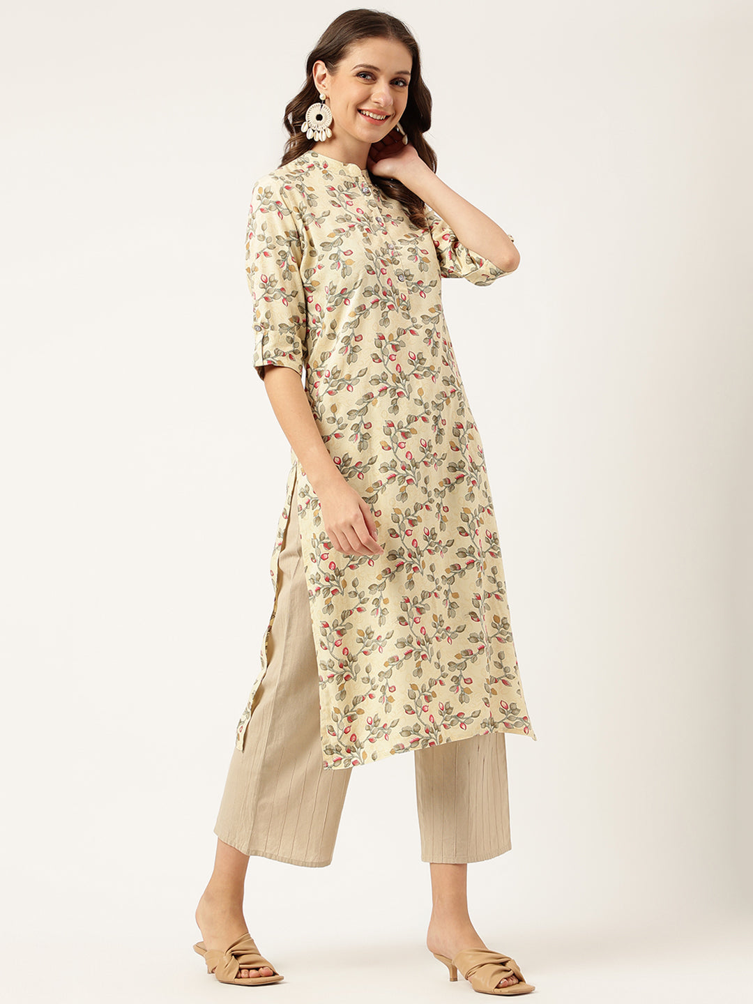 Beige Floral Digital Printed Straight Fold Sleeve Kurta | LASVINI - Redefining Indian Fashion with Elegance