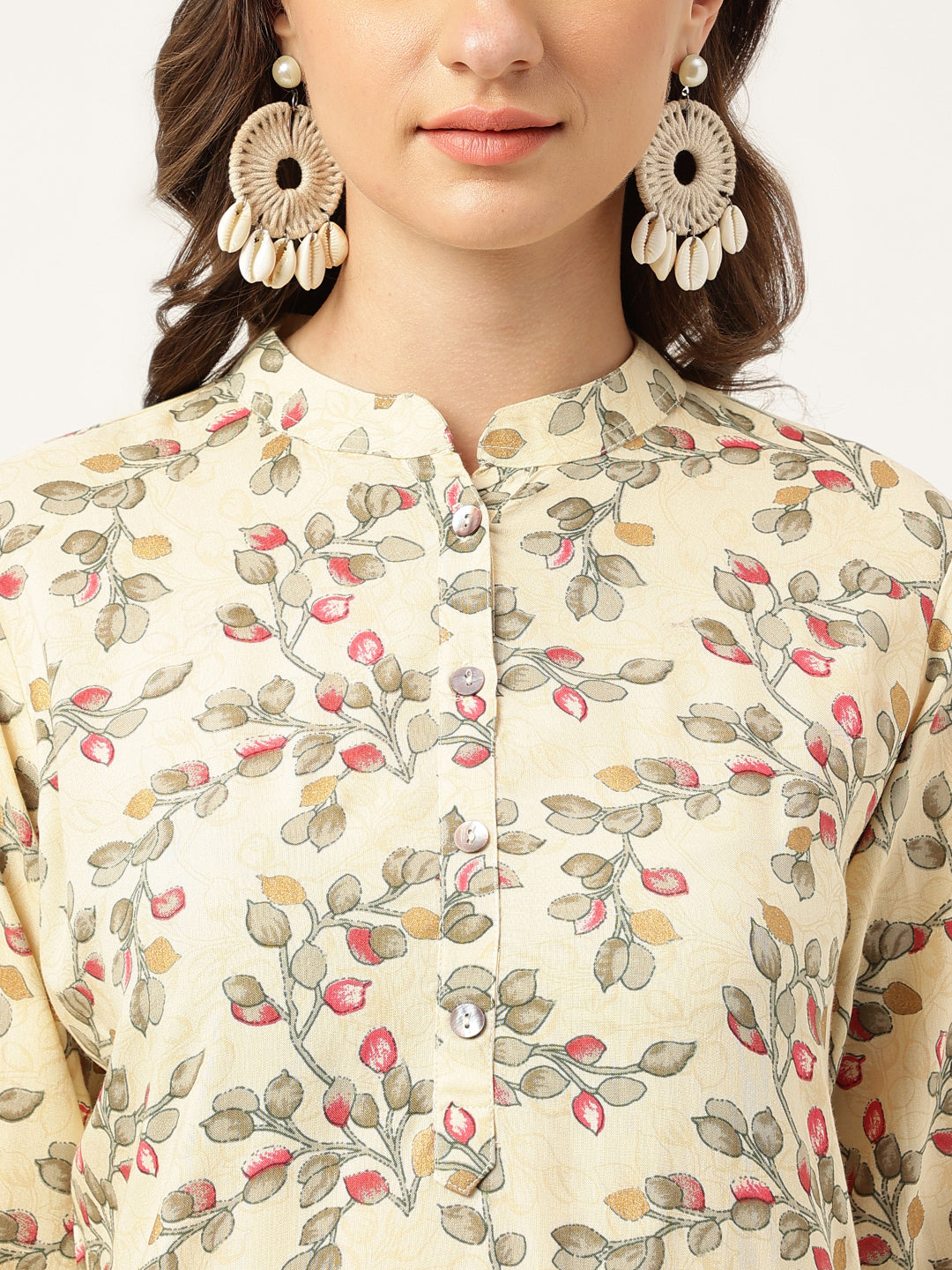 Beige Floral Digital Printed Straight Fold Sleeve Kurta | LASVINI - Redefining Indian Fashion with Elegance