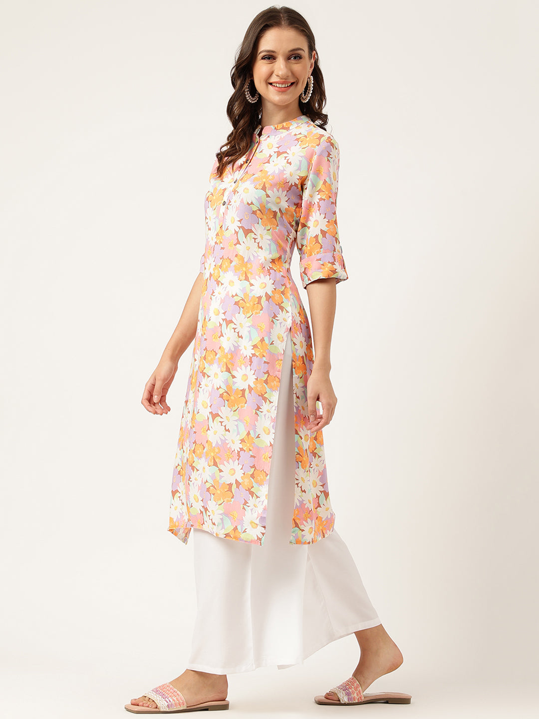 Multi Colored Floral Digital Printed Straight Half Sleeve Kurta | LASVINI - Redefining Indian Fashion with Elegance