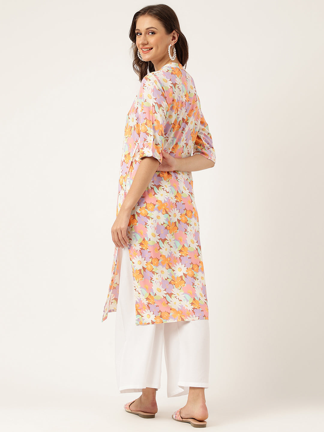 Multi Colored Floral Digital Printed Straight Half Sleeve Kurta | LASVINI - Redefining Indian Fashion with Elegance