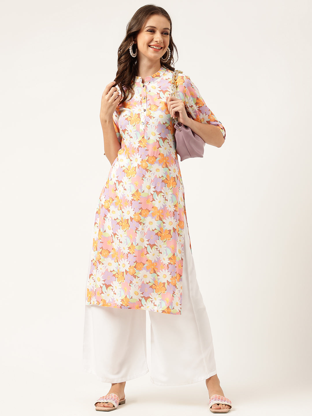Multi Colored Floral Digital Printed Straight Half Sleeve Kurta | LASVINI - Redefining Indian Fashion with Elegance