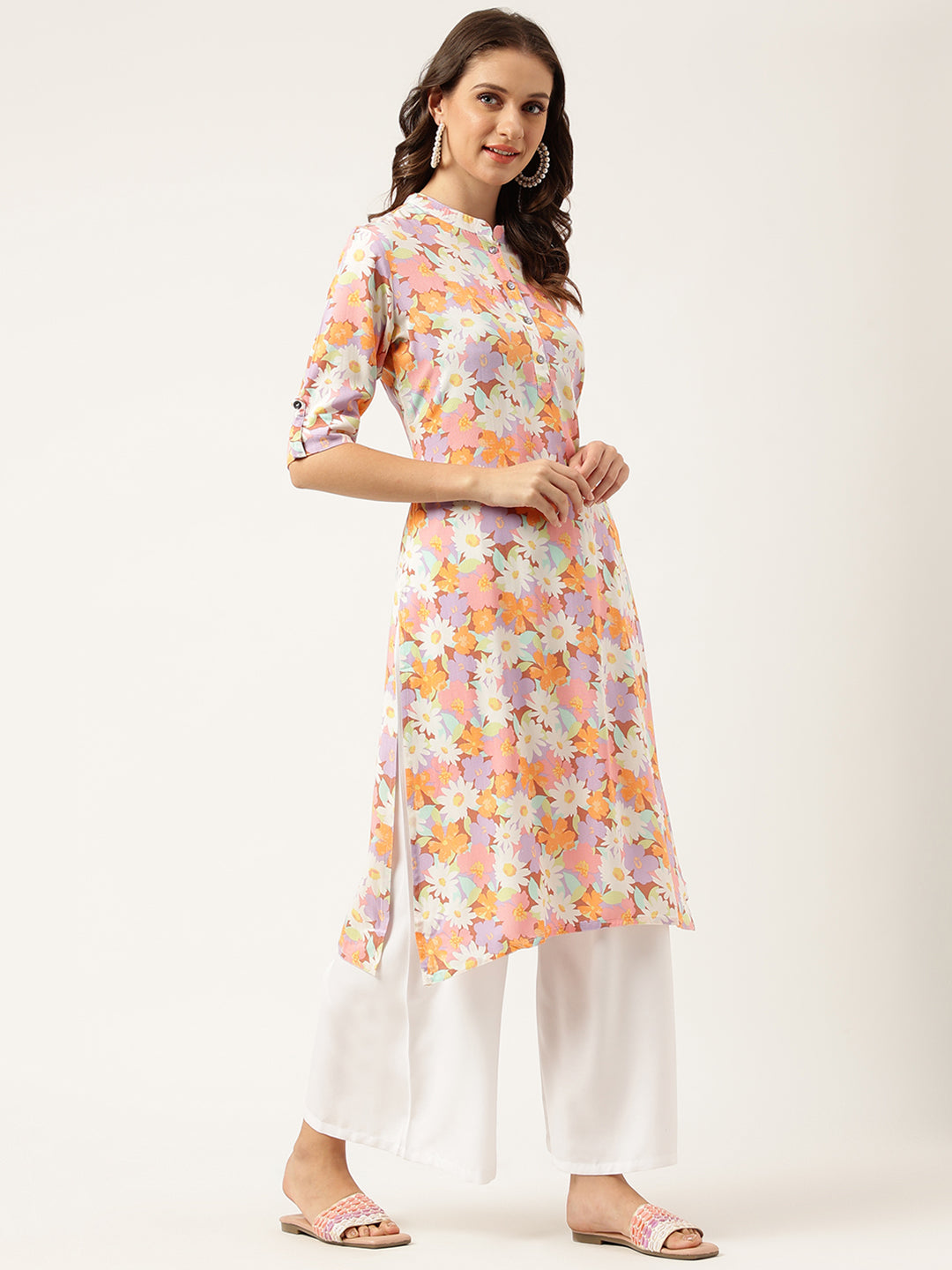 Multi Colored Floral Digital Printed Straight Half Sleeve Kurta | LASVINI - Redefining Indian Fashion with Elegance