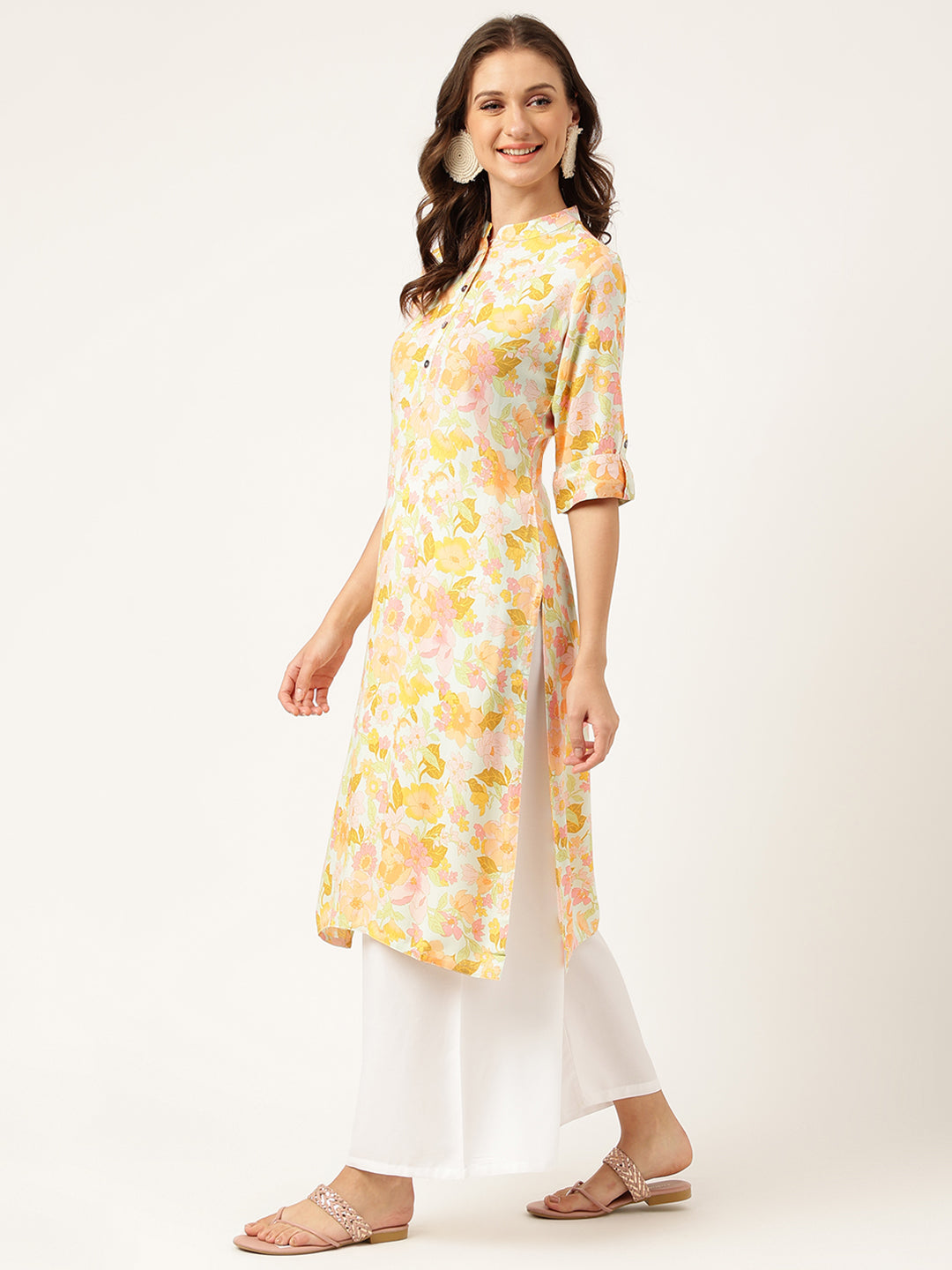 Multi Colored Floral Digital Printed Straight Fold Sleeve Kurta | LASVINI - Redefining Indian Fashion with Elegance