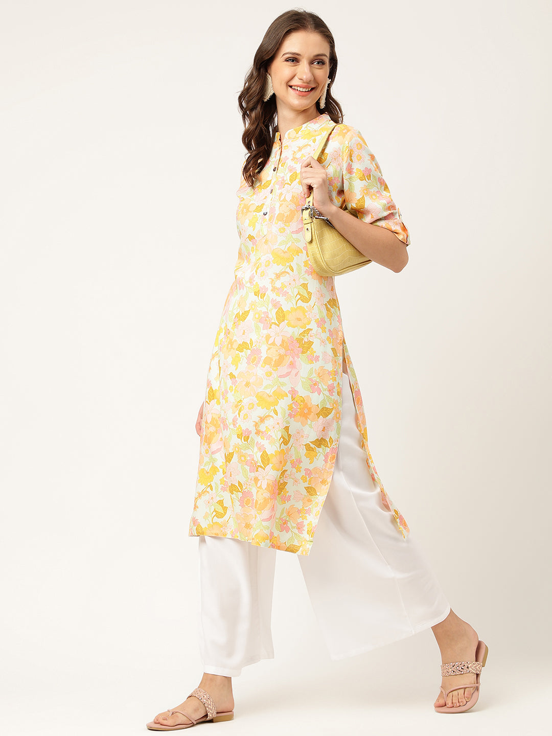 Multi Colored Floral Digital Printed Straight Fold Sleeve Kurta | LASVINI - Redefining Indian Fashion with Elegance