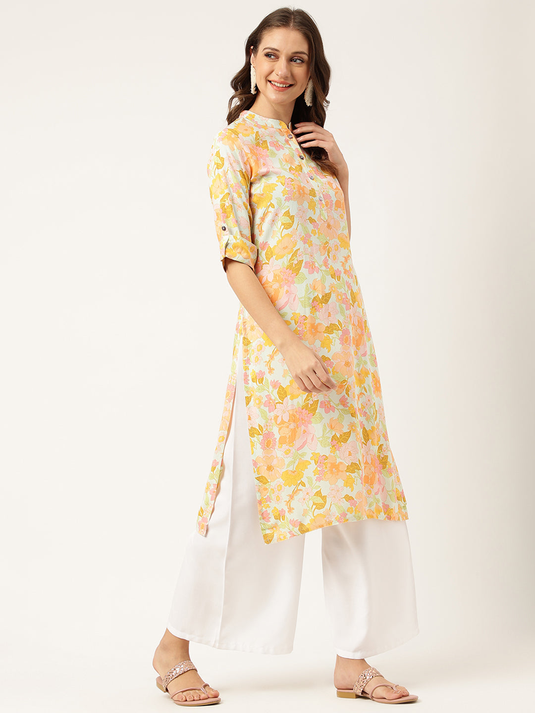 Multi Colored Floral Digital Printed Straight Fold Sleeve Kurta | LASVINI - Redefining Indian Fashion with Elegance