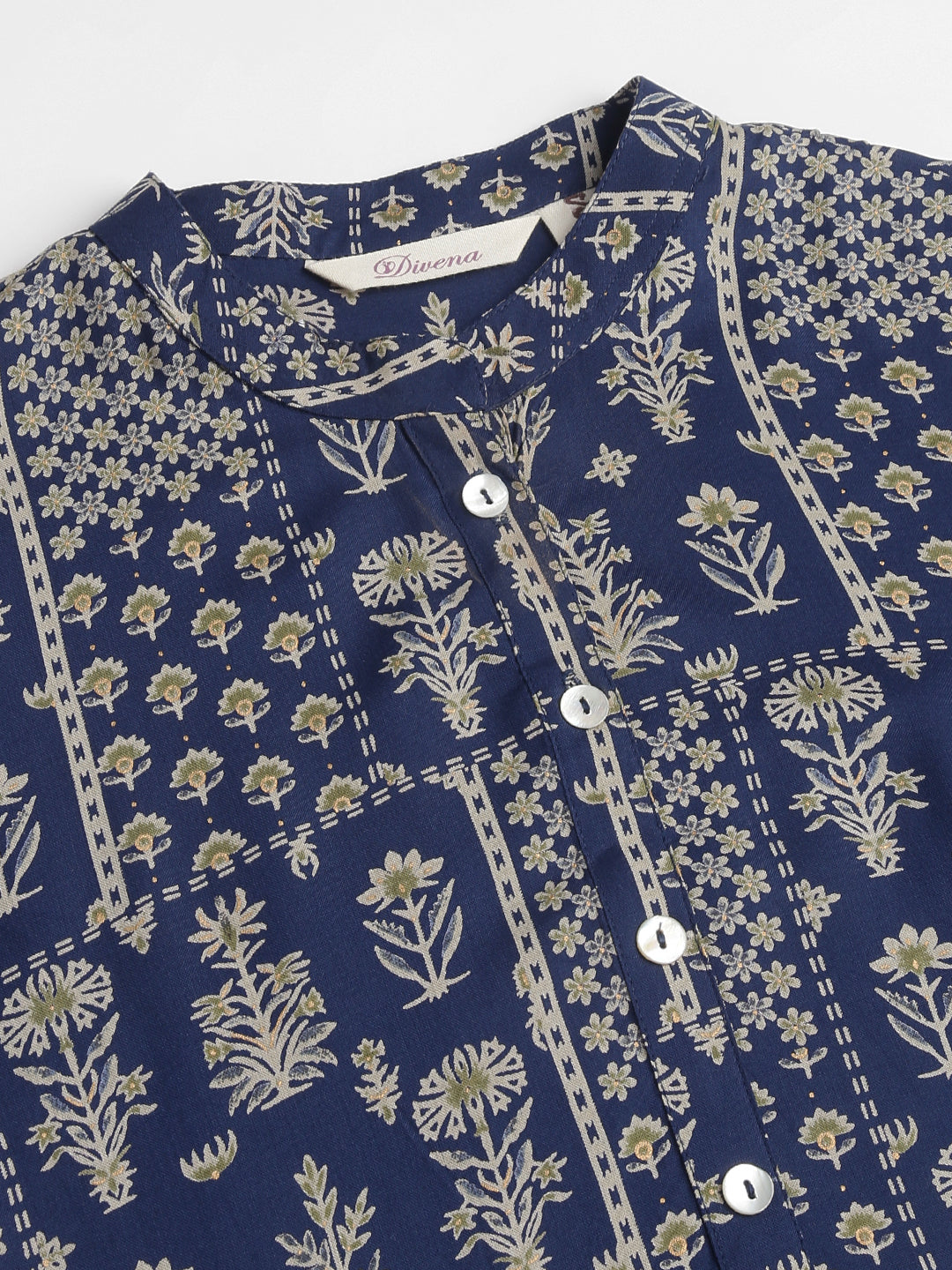 Navy Floral Digital Printed Straight Fold Sleeve Kurta | LASVINI - Redefining Indian Fashion with Elegance