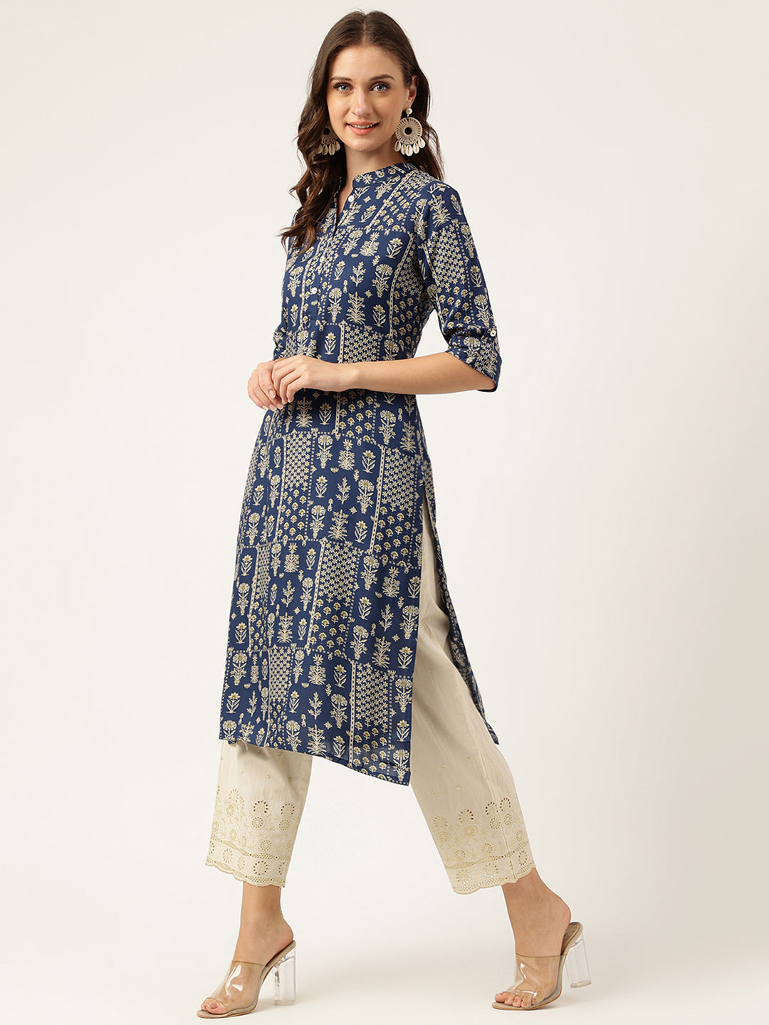 Navy Floral Digital Printed Straight Fold Sleeve Kurta | LASVINI - Redefining Indian Fashion with Elegance