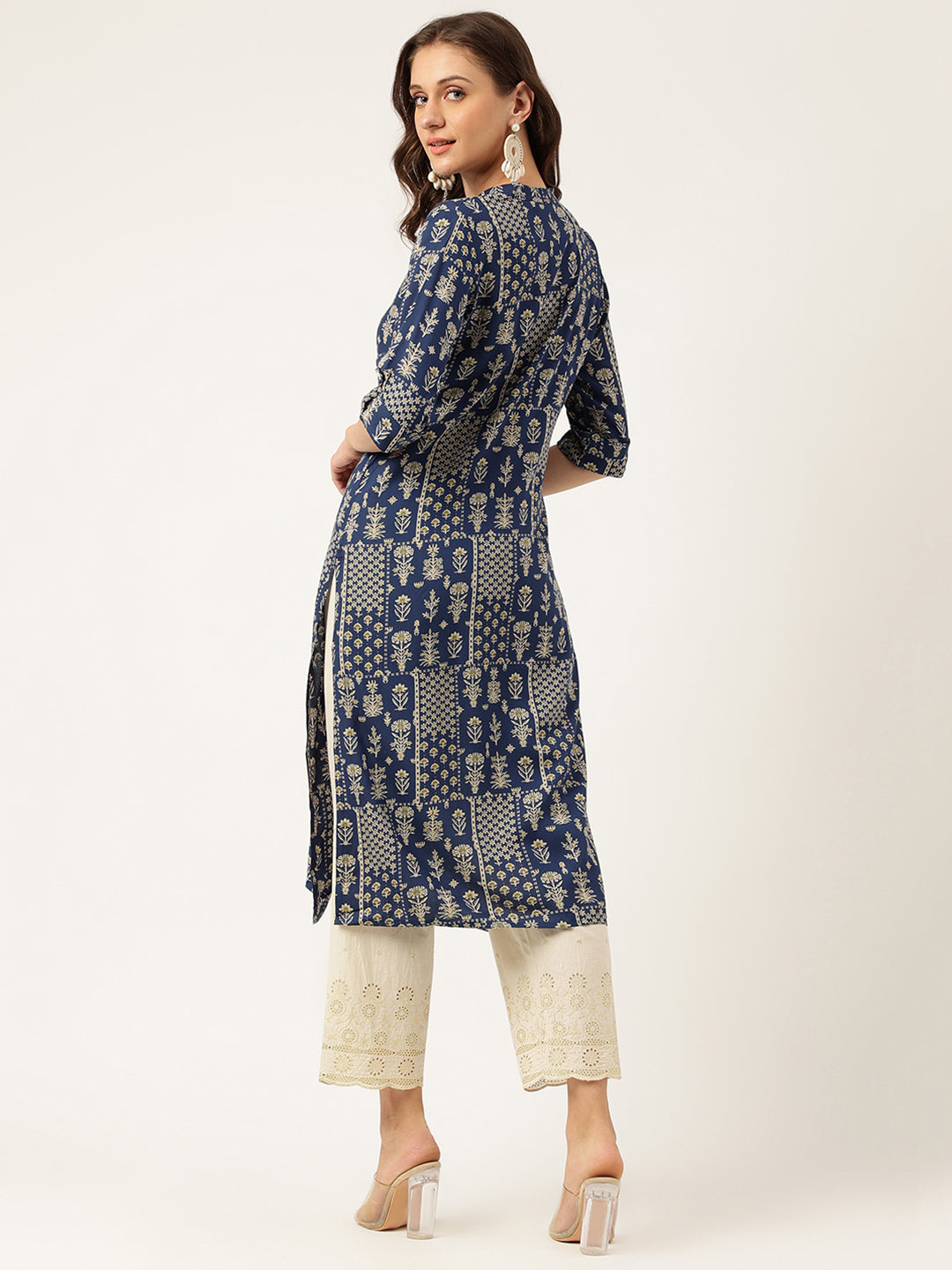 Navy Floral Digital Printed Straight Fold Sleeve Kurta | LASVINI - Redefining Indian Fashion with Elegance