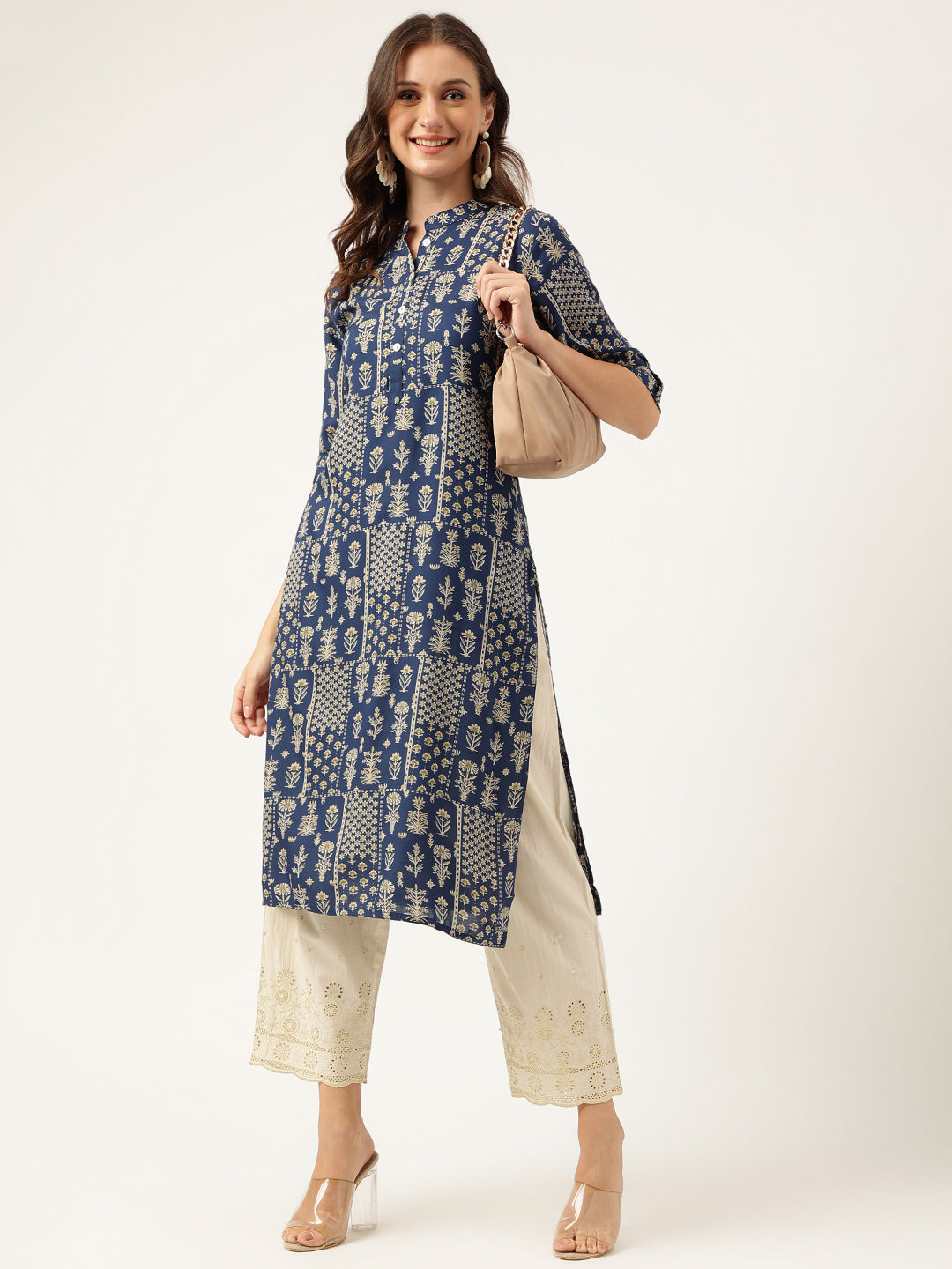 Navy Floral Digital Printed Straight Fold Sleeve Kurta | LASVINI - Redefining Indian Fashion with Elegance