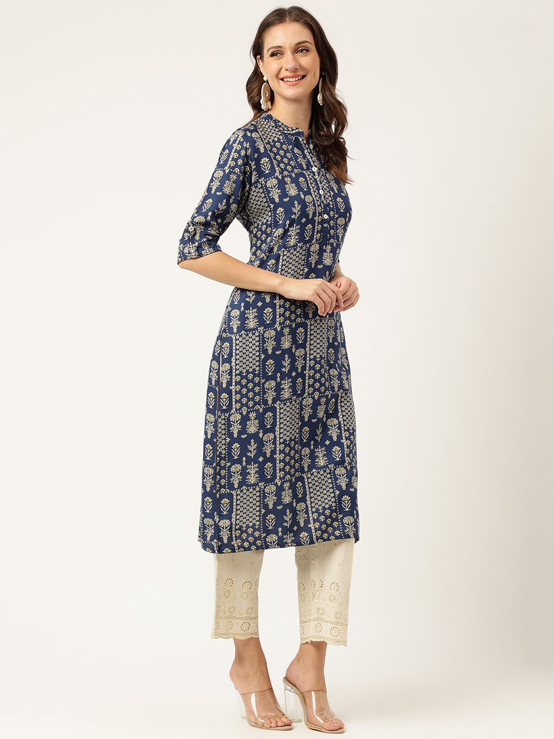Navy Floral Digital Printed Straight Fold Sleeve Kurta | LASVINI - Redefining Indian Fashion with Elegance