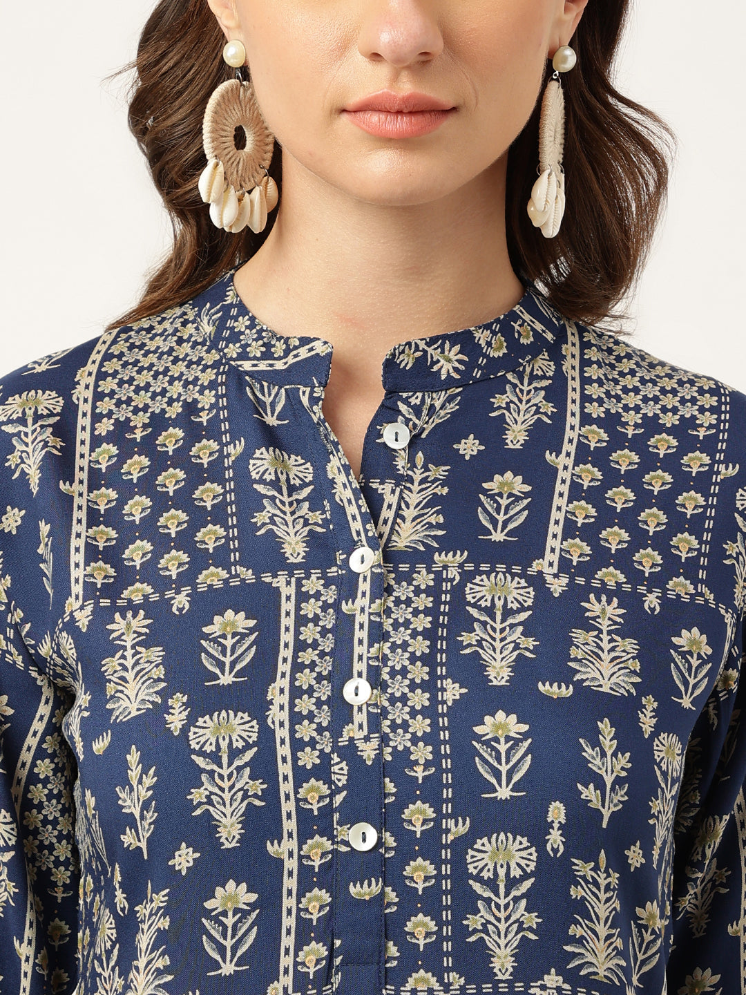 Navy Floral Digital Printed Straight Fold Sleeve Kurta | LASVINI - Redefining Indian Fashion with Elegance