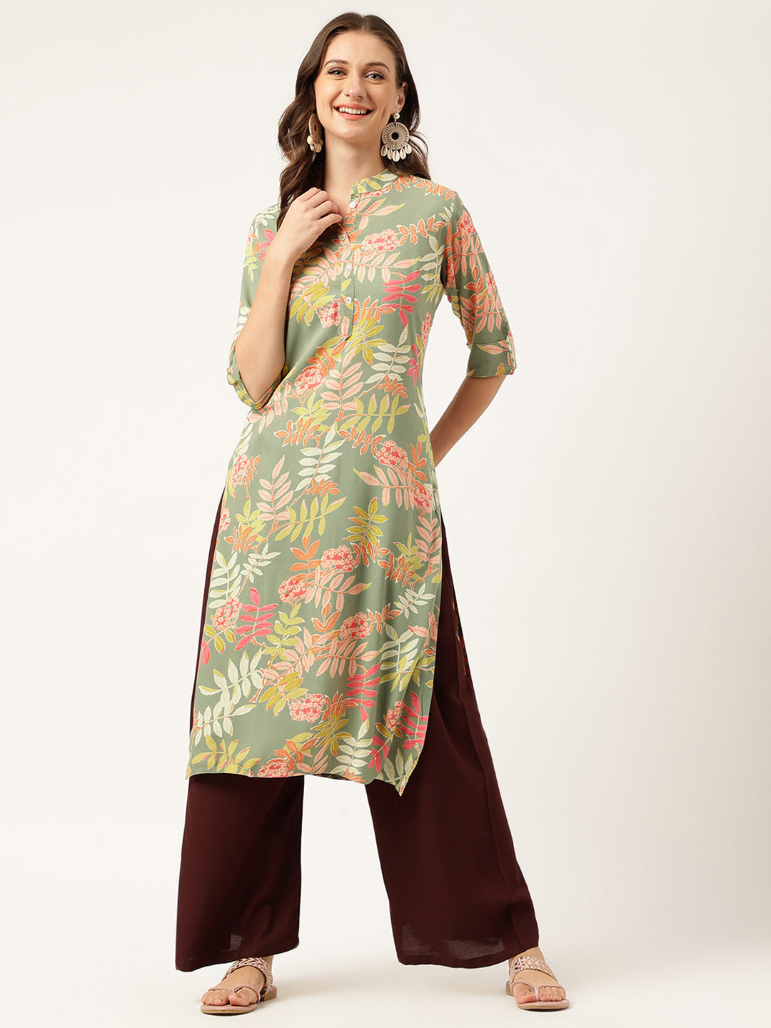 Green Floral Digital Printed Straight Fold Sleeve Kurta | LASVINI - Redefining Indian Fashion with Elegance