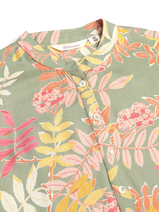 Green Floral Digital Printed Straight Fold Sleeve Kurta | LASVINI - Redefining Indian Fashion with Elegance