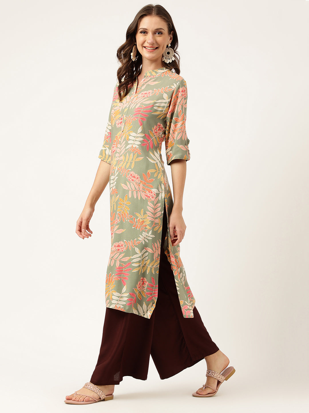 Green Floral Digital Printed Straight Fold Sleeve Kurta | LASVINI - Redefining Indian Fashion with Elegance