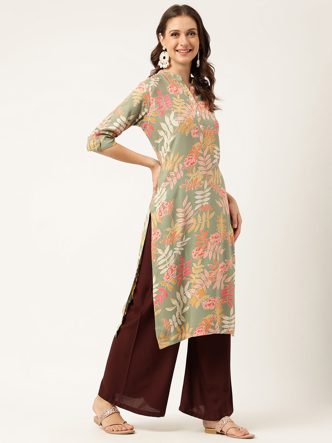 Green Floral Digital Printed Straight Fold Sleeve Kurta | LASVINI - Redefining Indian Fashion with Elegance