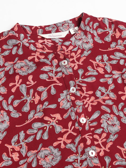 Maroon Floral Digital Printed Straight Fold Sleeve Kurta | LASVINI - Redefining Indian Fashion with Elegance