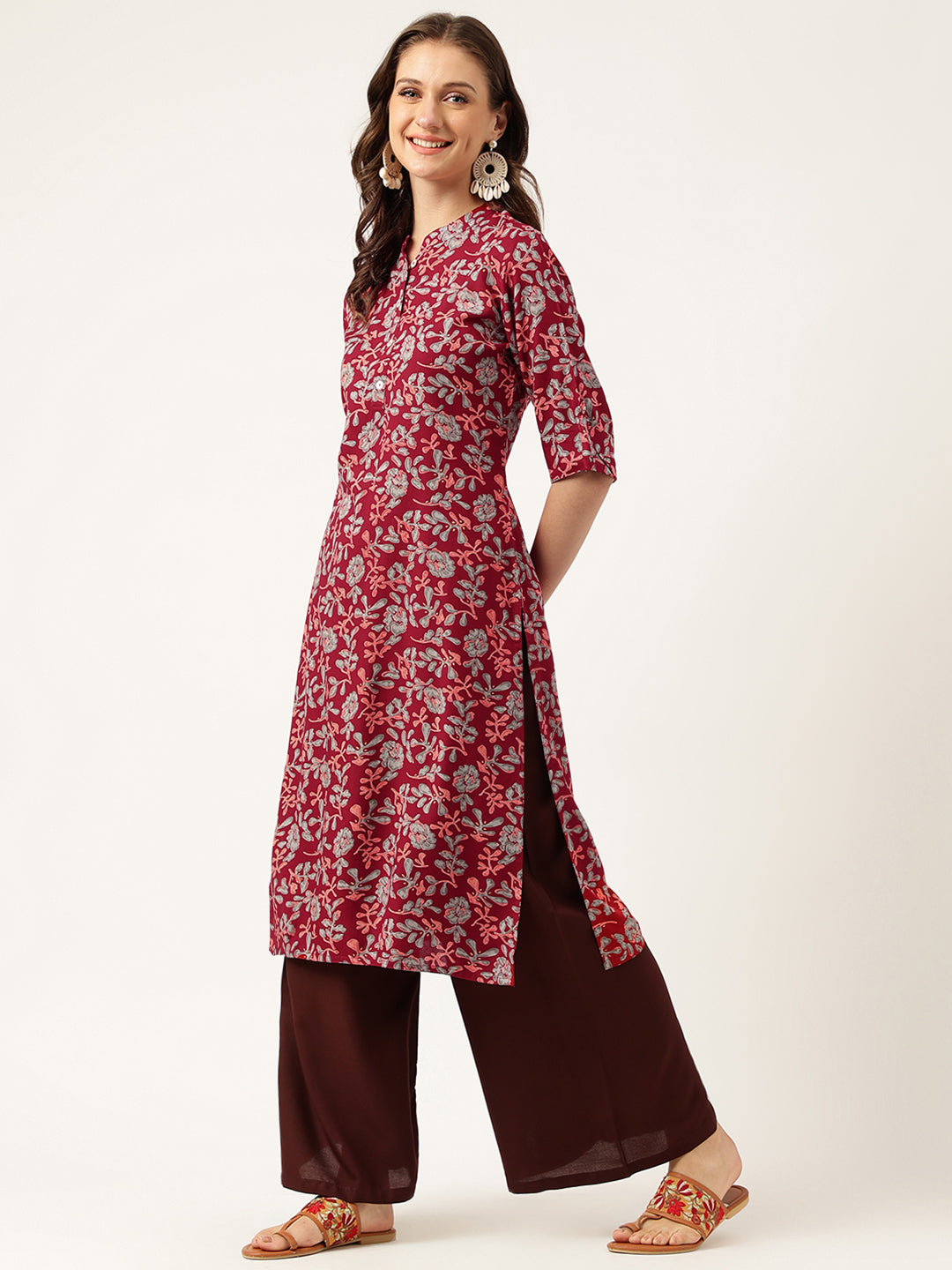 Maroon Floral Digital Printed Straight Fold Sleeve Kurta | LASVINI - Redefining Indian Fashion with Elegance
