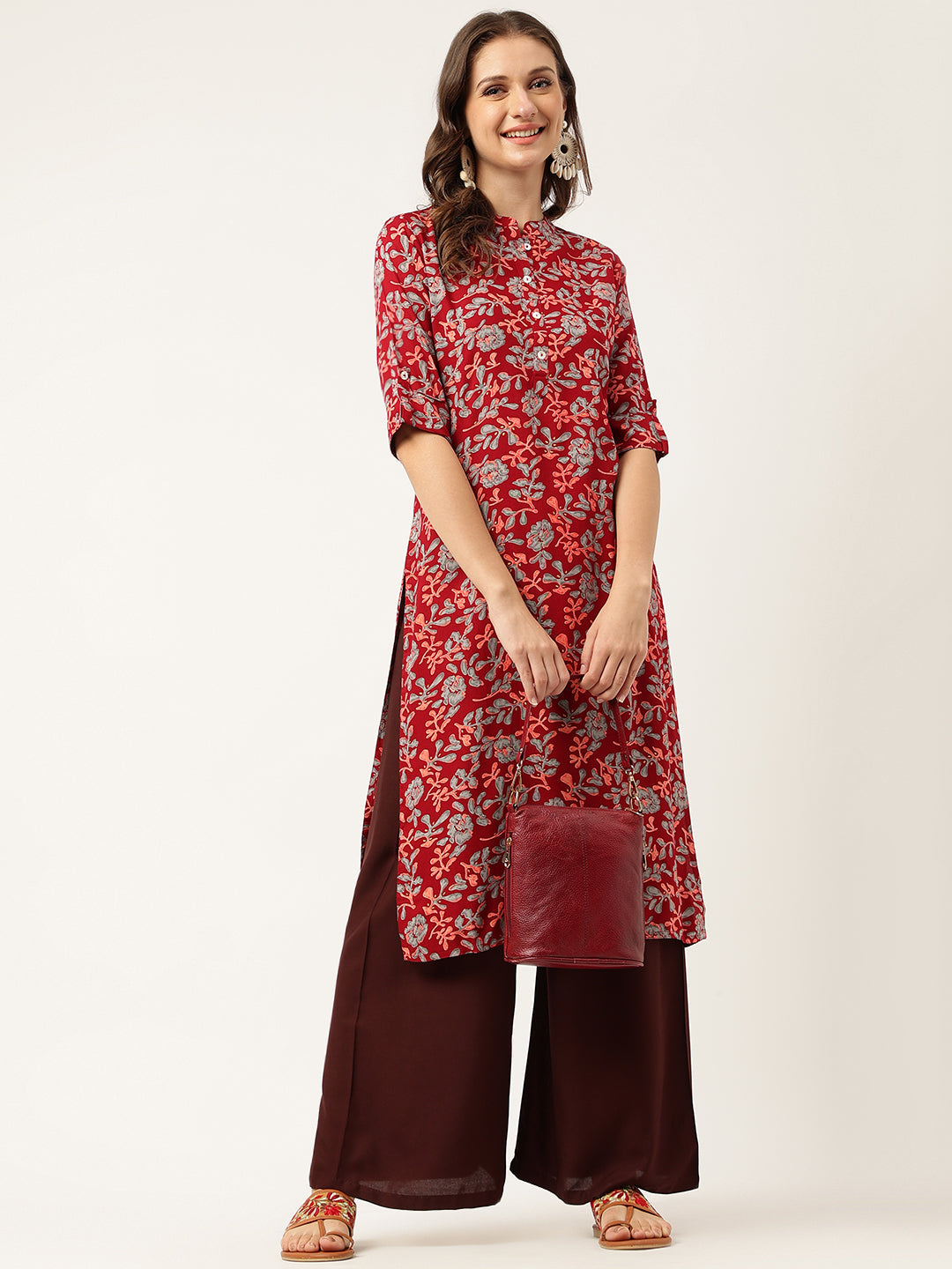 Maroon Floral Digital Printed Straight Fold Sleeve Kurta | LASVINI - Redefining Indian Fashion with Elegance