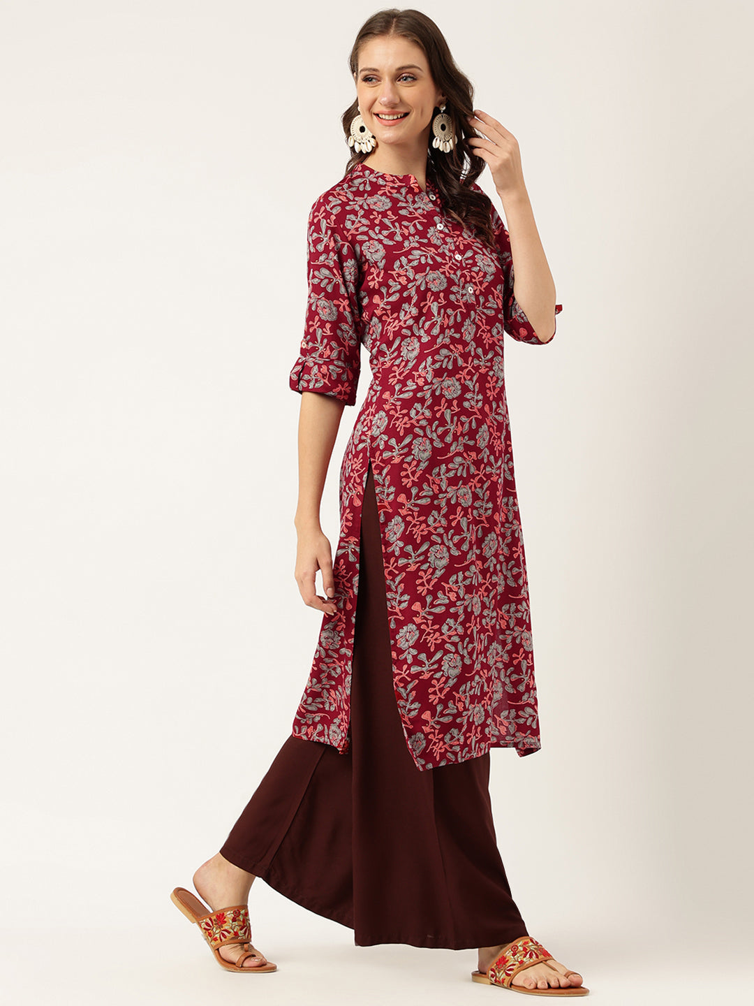 Maroon Floral Digital Printed Straight Fold Sleeve Kurta | LASVINI - Redefining Indian Fashion with Elegance