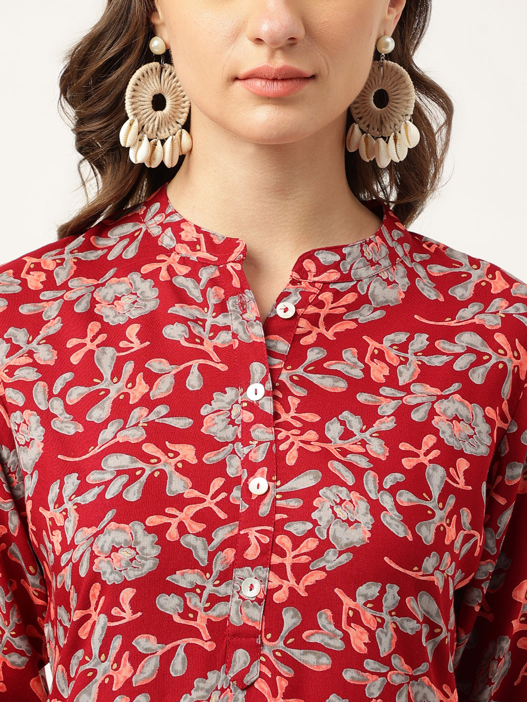 Maroon Floral Digital Printed Straight Fold Sleeve Kurta | LASVINI - Redefining Indian Fashion with Elegance