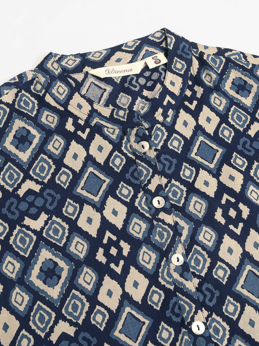 Navy Blue Floral Digital Printed Straight Fold Sleeve Kurta | LASVINI - Redefining Indian Fashion with Elegance