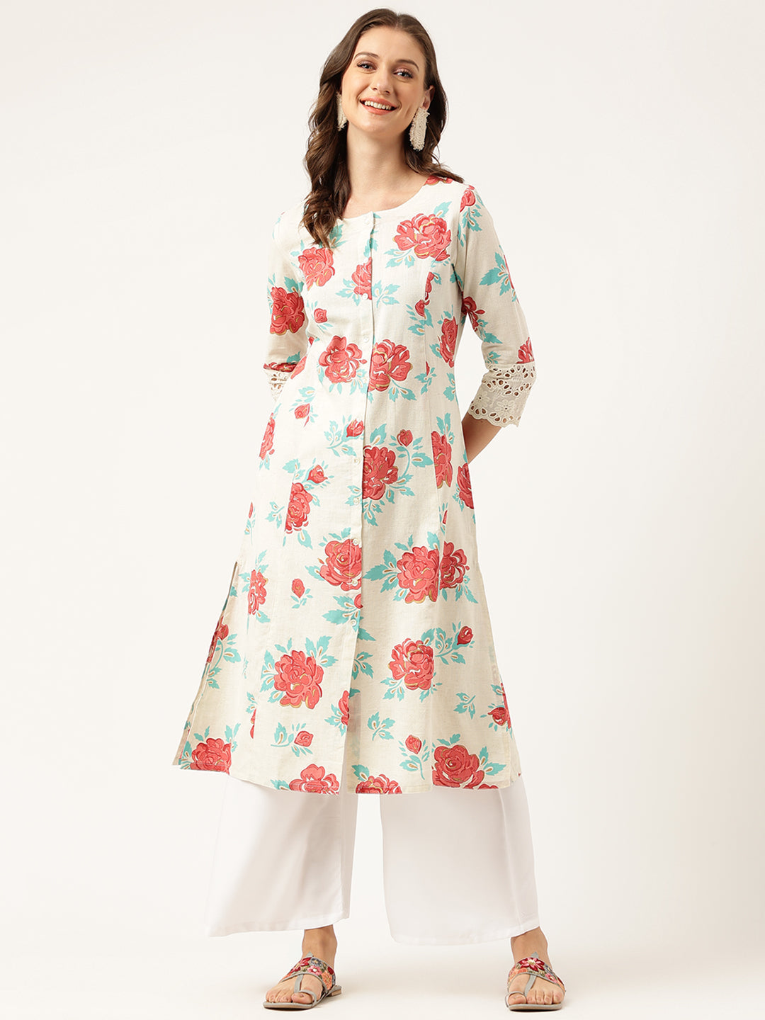 Cream Floral Printed Cotton A-Line Kurta | LASVINI - Redefining Indian Fashion with Elegance