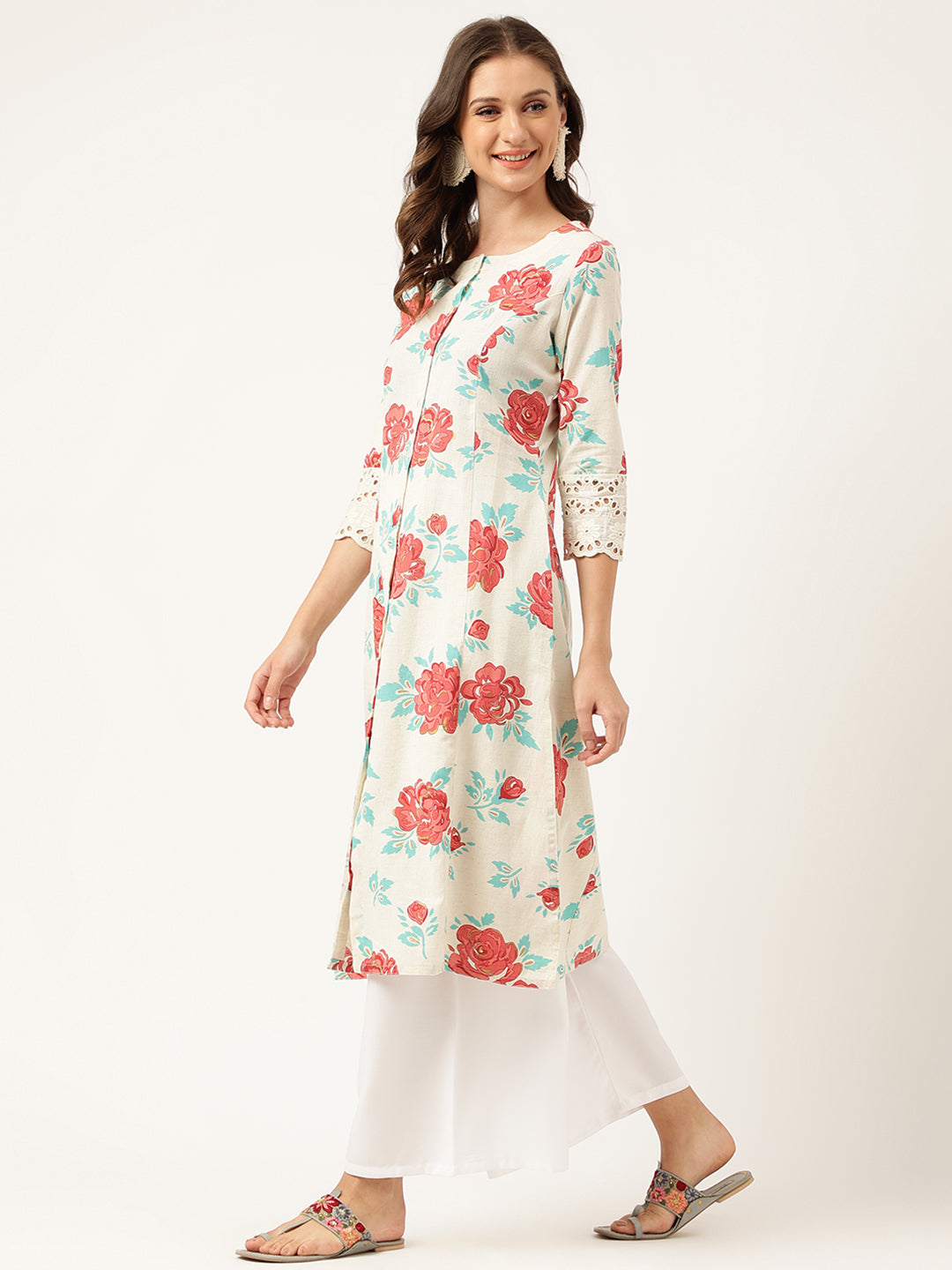 Cream Floral Printed Cotton A-Line Kurta | LASVINI - Redefining Indian Fashion with Elegance