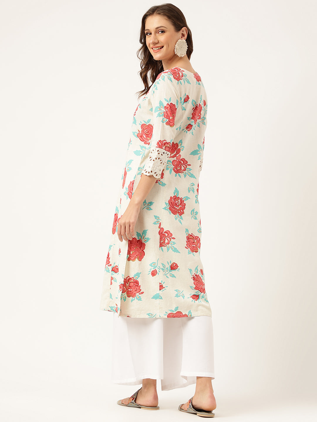 Cream Floral Printed Cotton A-Line Kurta | LASVINI - Redefining Indian Fashion with Elegance