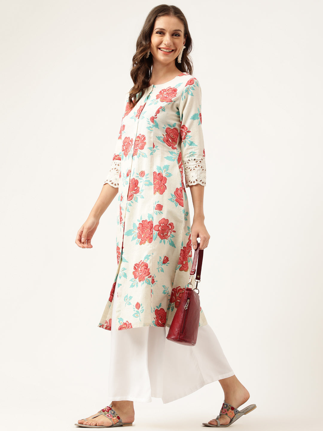 Cream Floral Printed Cotton A-Line Kurta | LASVINI - Redefining Indian Fashion with Elegance