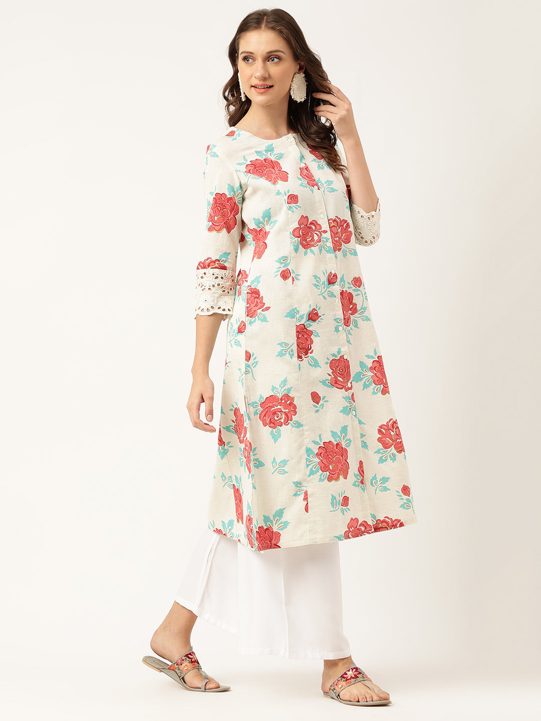 Cream Floral Printed Cotton A-Line Kurta | LASVINI - Redefining Indian Fashion with Elegance
