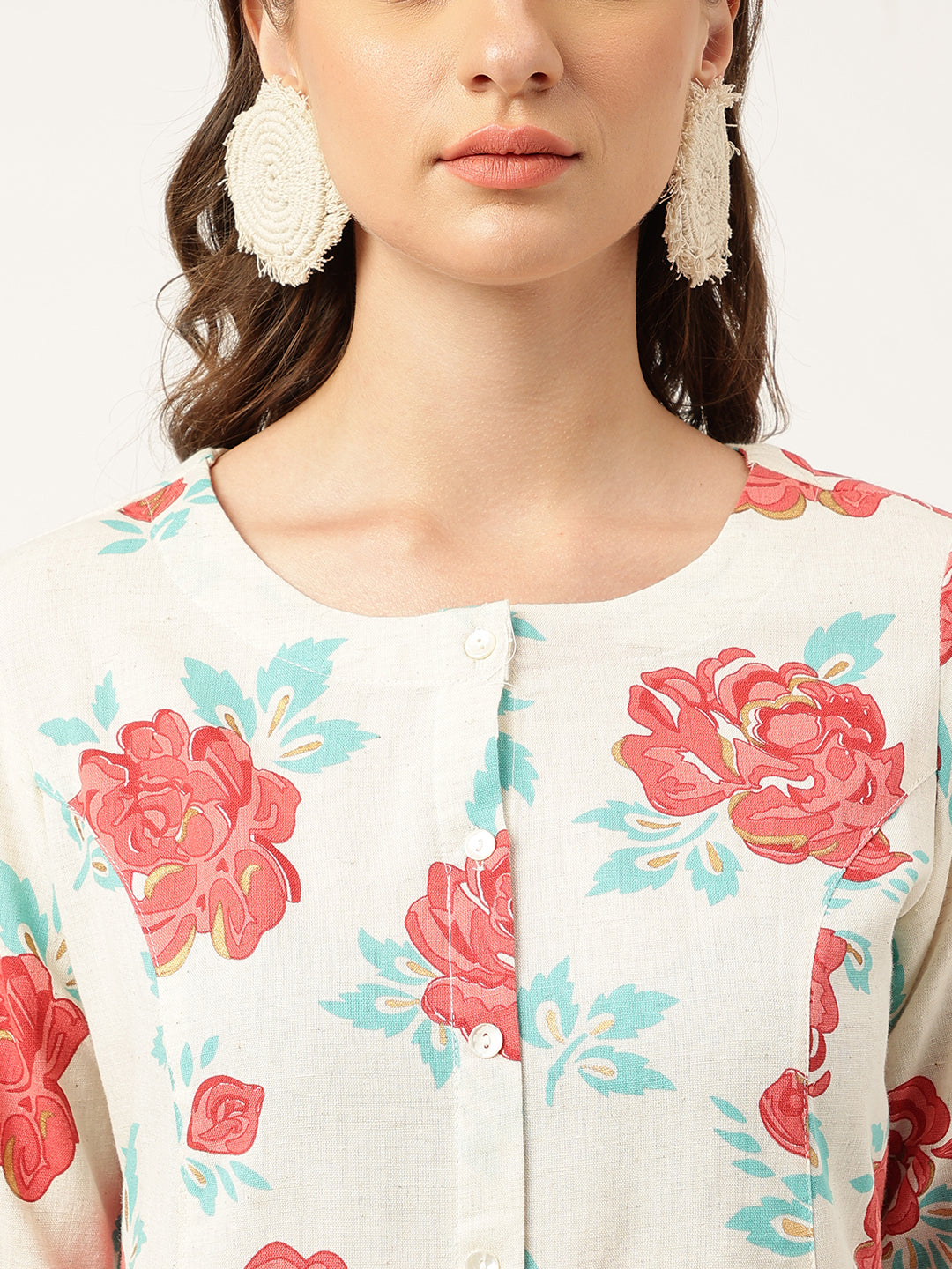 Cream Floral Printed Cotton A-Line Kurta | LASVINI - Redefining Indian Fashion with Elegance