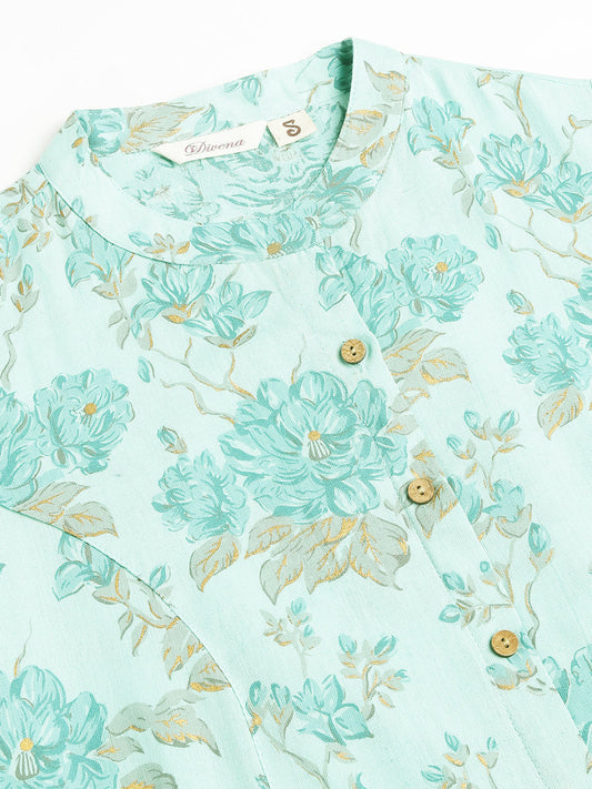 Sea Green Floral Printed Cotton A-Line Kurta | LASVINI - Redefining Indian Fashion with Elegance