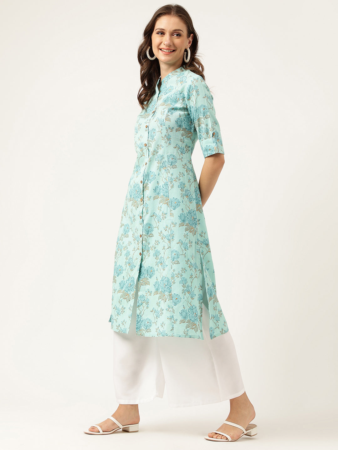 Sea Green Floral Printed Cotton A-Line Kurta | LASVINI - Redefining Indian Fashion with Elegance