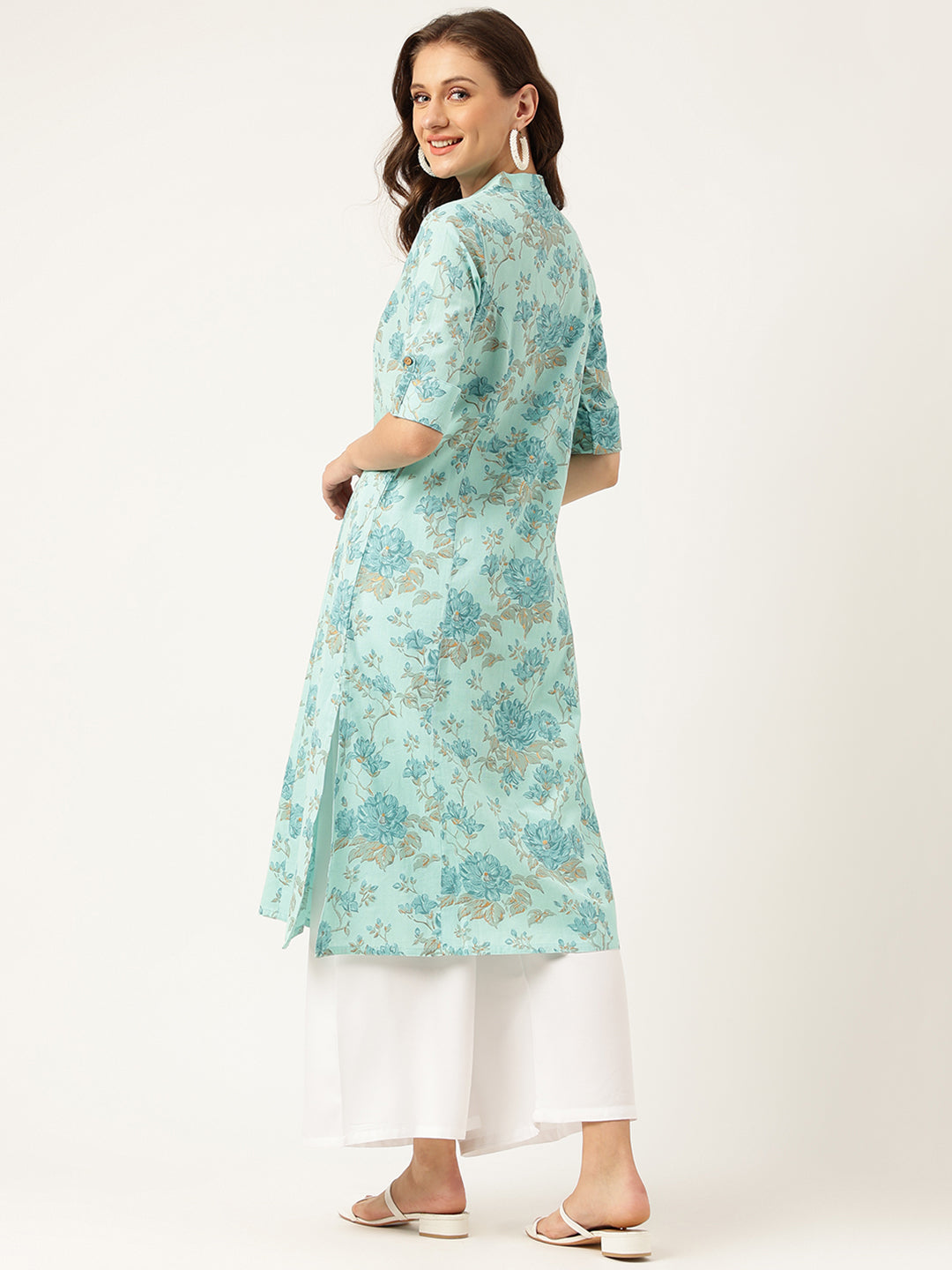 Sea Green Floral Printed Cotton A-Line Kurta | LASVINI - Redefining Indian Fashion with Elegance
