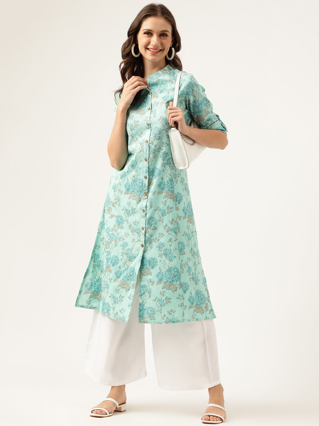 Sea Green Floral Printed Cotton A-Line Kurta | LASVINI - Redefining Indian Fashion with Elegance