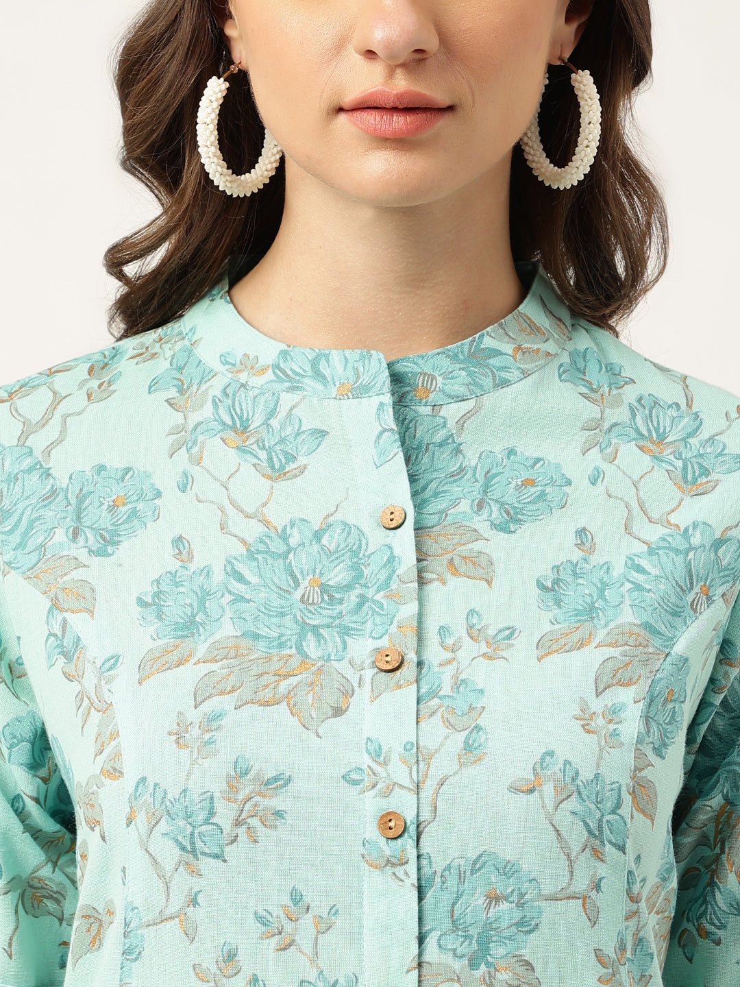 Sea Green Floral Printed Cotton A-Line Kurta | LASVINI - Redefining Indian Fashion with Elegance