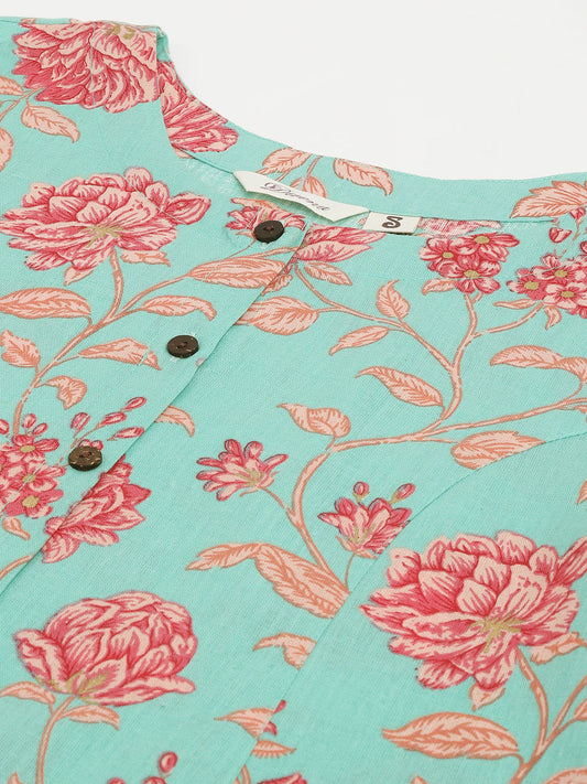 Green Floral Printed Cotton A-Line Kurta | LASVINI - Redefining Indian Fashion with Elegance