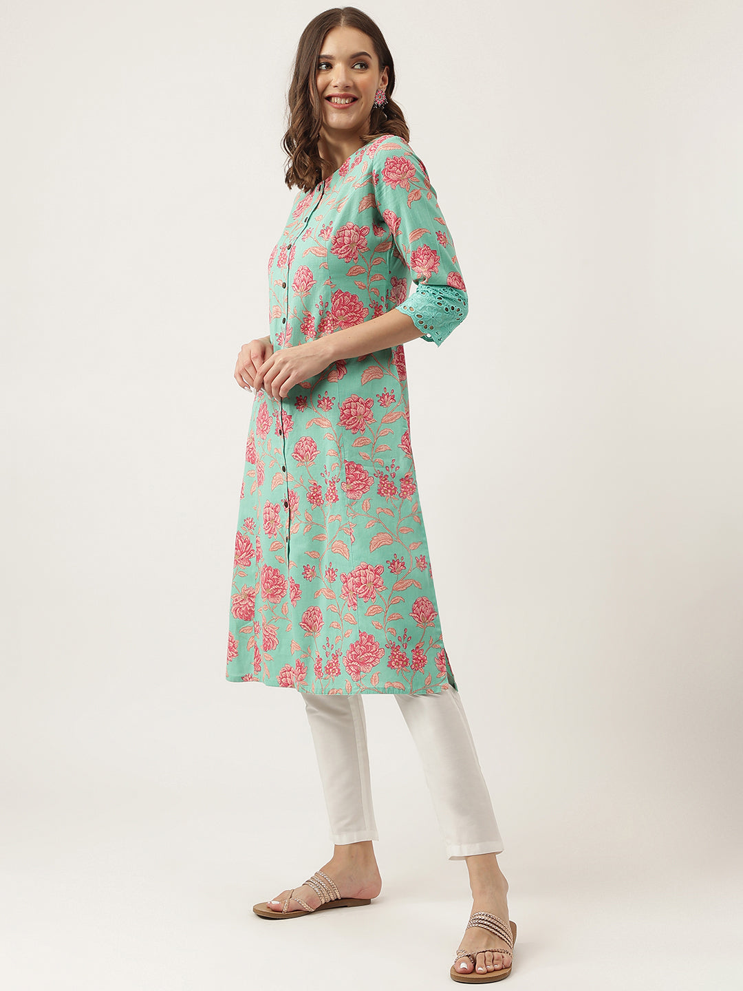 Green Floral Printed Cotton A-Line Kurta | LASVINI - Redefining Indian Fashion with Elegance